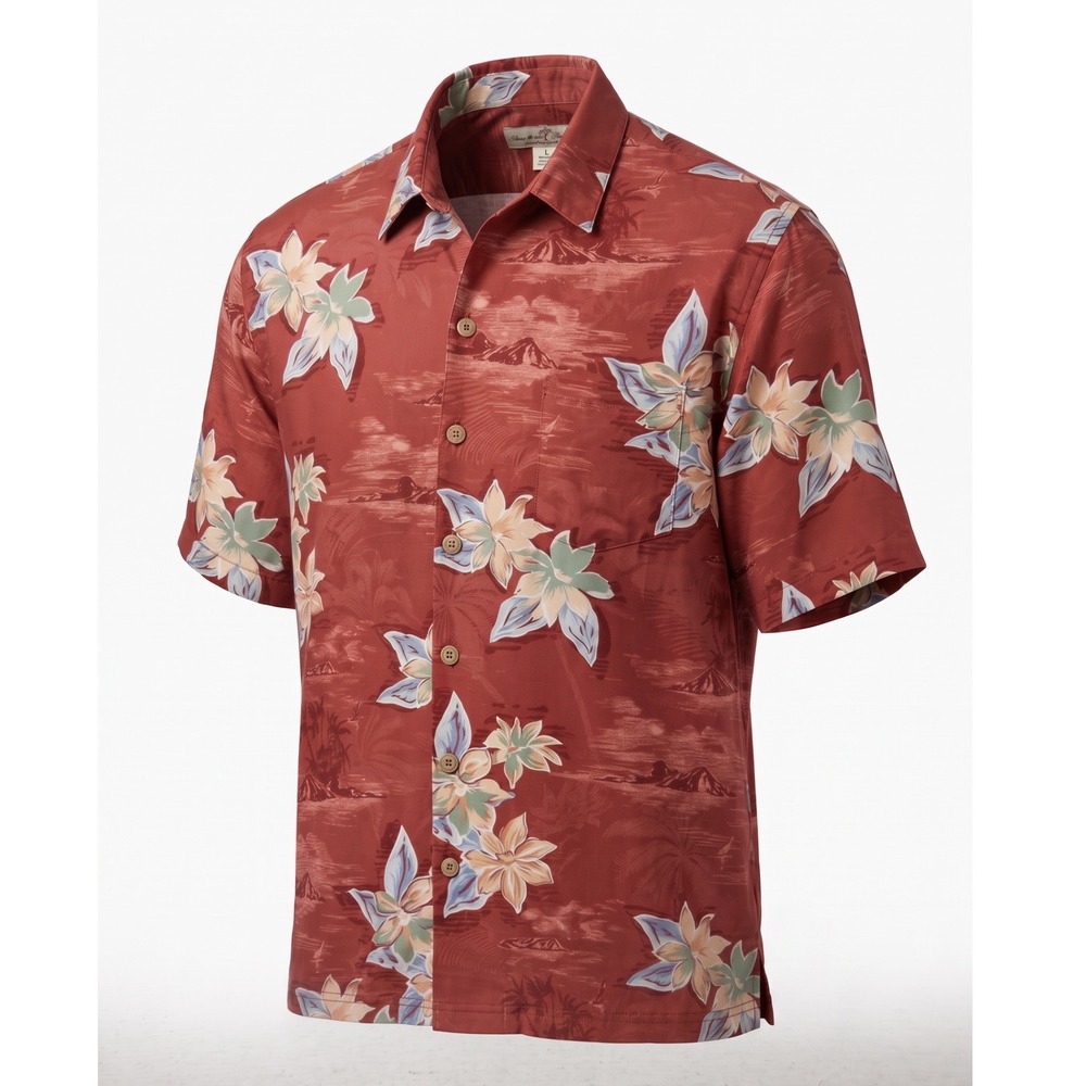 Paradise Blue Mens Large Red Floral Silk Short Sleeve Aloha Camp Shirt